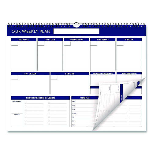 Global Printed Products Weekly Family Planner, 17 x 13, White/Blue Sheets, 52 Weeks: Undated (SPLS0079)
