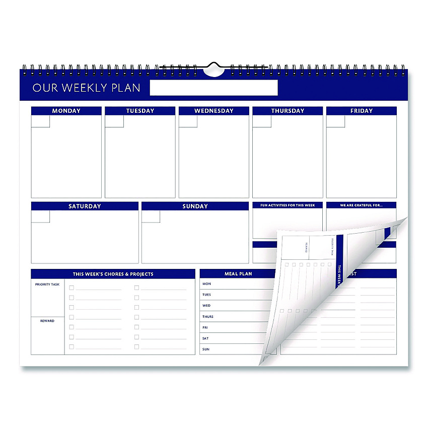 Global Printed Products Weekly Family Planner, 17 x 13, White/Blue Sheets, 52 Weeks: Undated (SPLS0079)
