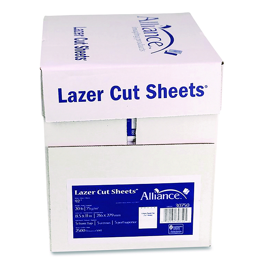 Alliance Laser Cut Sheets, 92 Bright, Side: 5-Hole Punched, 20 lb Bond Weight, 8.5 x 11, White, 500 Sheets/Ream, 5 Reams/Carton (30750AA)