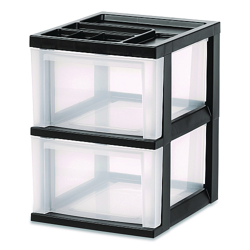 Iris 2-Compartment Desktop Stackable Storage Drawer, 12.17 x 14.33 x 16.77, Black/Translucent White (116352)