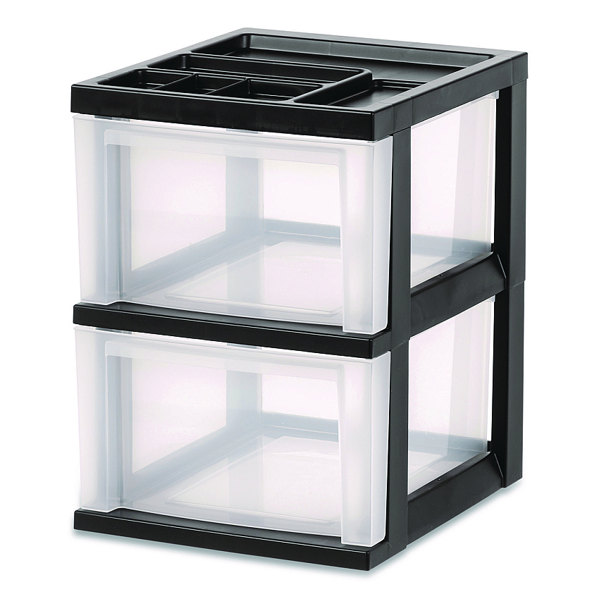 Iris 2-Compartment Desktop Stackable Storage Drawer, 12.17 x 14.33 x 16.77, Black/Translucent White (116352)
