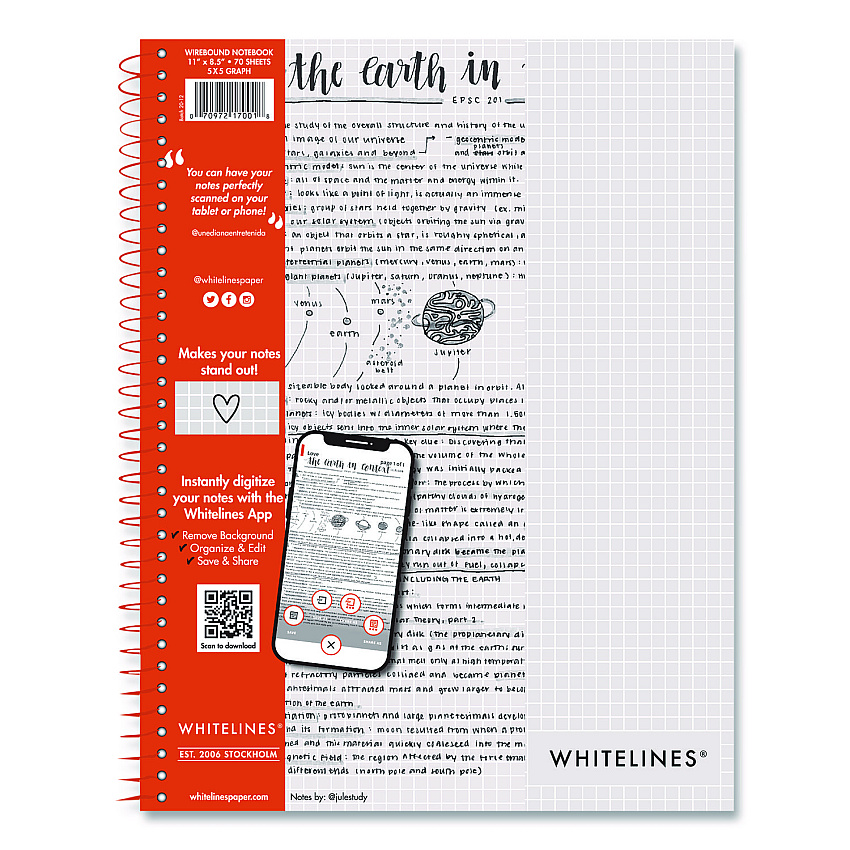 Roaring Spring Whitelines Notebook, Quadrille Rule (5 sq/in), Gray/Orange Cover, (70) 11 x 8.5 Sheets (17001)