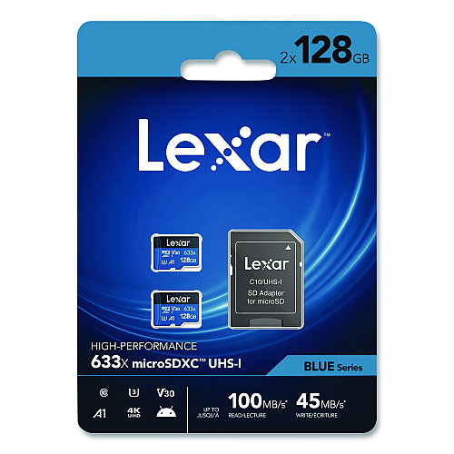 Lexar High Performance BLUE Series microSDXC Memory Card with Adapter, UHS-I V30 U1 Class 10, 128 GB, 2/Pack (LSDMI128B2U6)