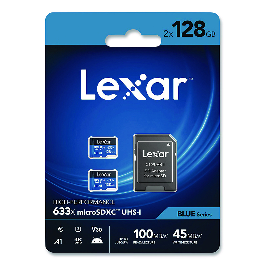 Lexar High Performance BLUE Series microSDXC Memory Card with Adapter, UHS-I V30 U1 Class 10, 128 GB, 2/Pack (LSDMI128B2U6)