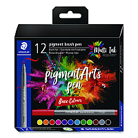 Staedtler Pigment Brush Pen Set, Medium-Firm, Assorted Basic Colors, 12/Pack (371C121)