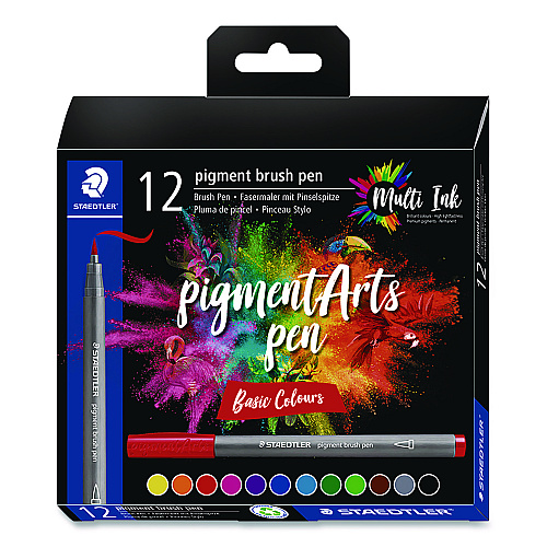 Staedtler Pigment Brush Pen Set, Medium-Firm, Assorted Basic Colors, 12/Pack (371C121)
