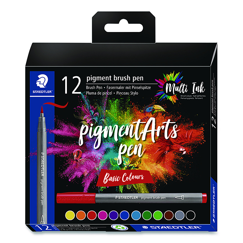Staedtler Pigment Brush Pen Set, Medium-Firm, Assorted Basic Colors, 12/Pack (371C121)