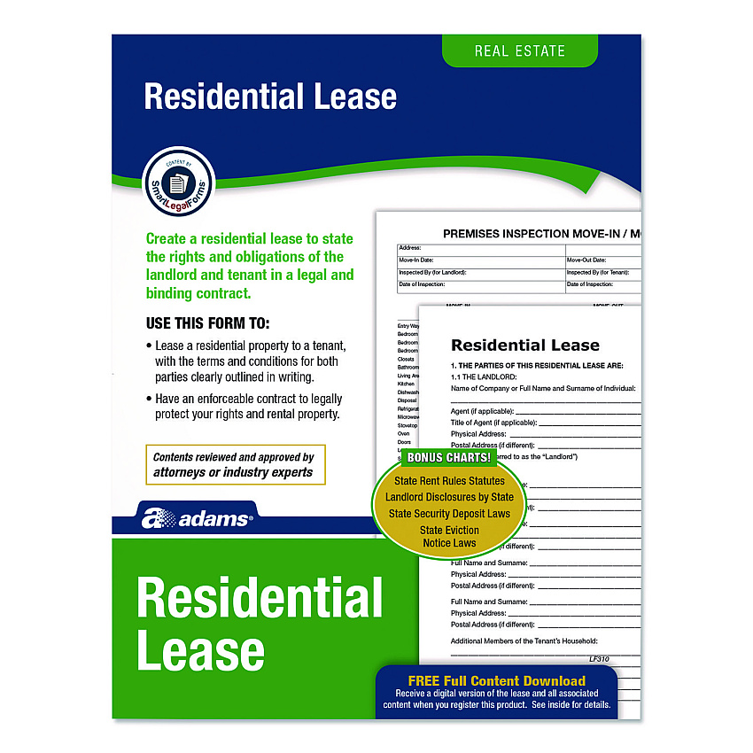 Adams Residential Lease Form Sets with Instructions and Free Download, One-Part (No Copies), 8.5 x 11, 4 Forms/Set, 4 Sets/Pack (LF310)