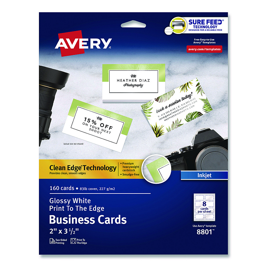 Avery Print to the Edge Business Cards with Sure Feed Technology, 2 x 3.5, White, 8/Sheet, 20 Sheets/Pack (8801)