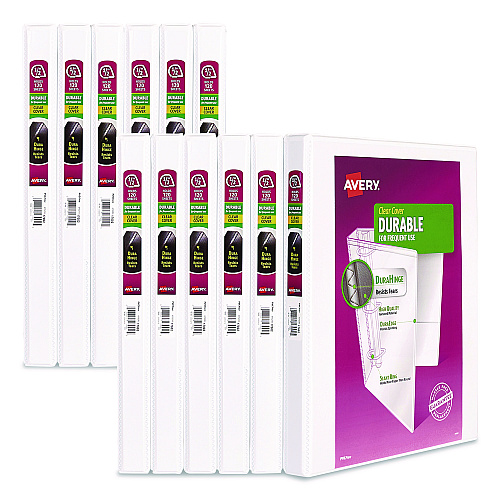 Avery Durable View Binder with DuraHinge and Slant Rings, 3 Rings, 0.5" Capacity, 11 x 8.5, White, 12/Carton (17002CT)