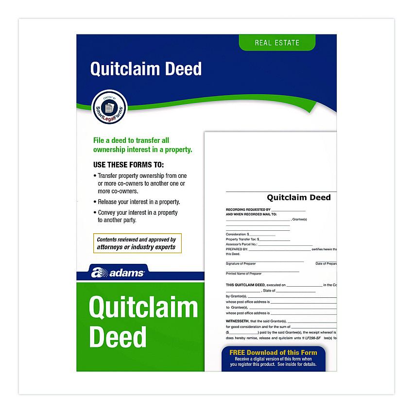 Adams Quitclaim Deed Forms with Instructions and Free Downloads, One-Part (No Copies), 8.5 x 11, 4 Forms Total (LF298)
