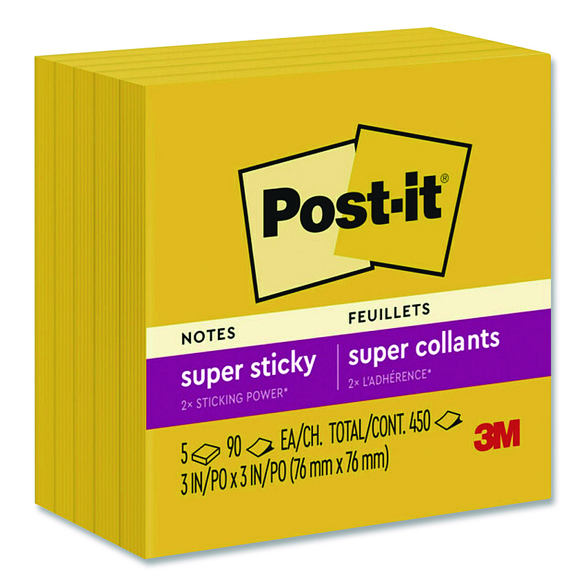 Post-it Super Sticky Note Pads in Playful Primary Colors, 3 x 3, Sunnyside, 90 Sheets/Pad, 5 Pads/Pack (6545SSY)