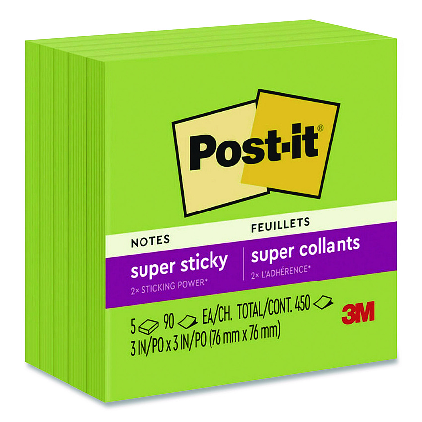 Post-it Super Sticky Pads in Energy Boost Collection Colors, 3 x 3, Limeade, 90 Sheets/Pad, 5 Pads/Pack (70005174100)