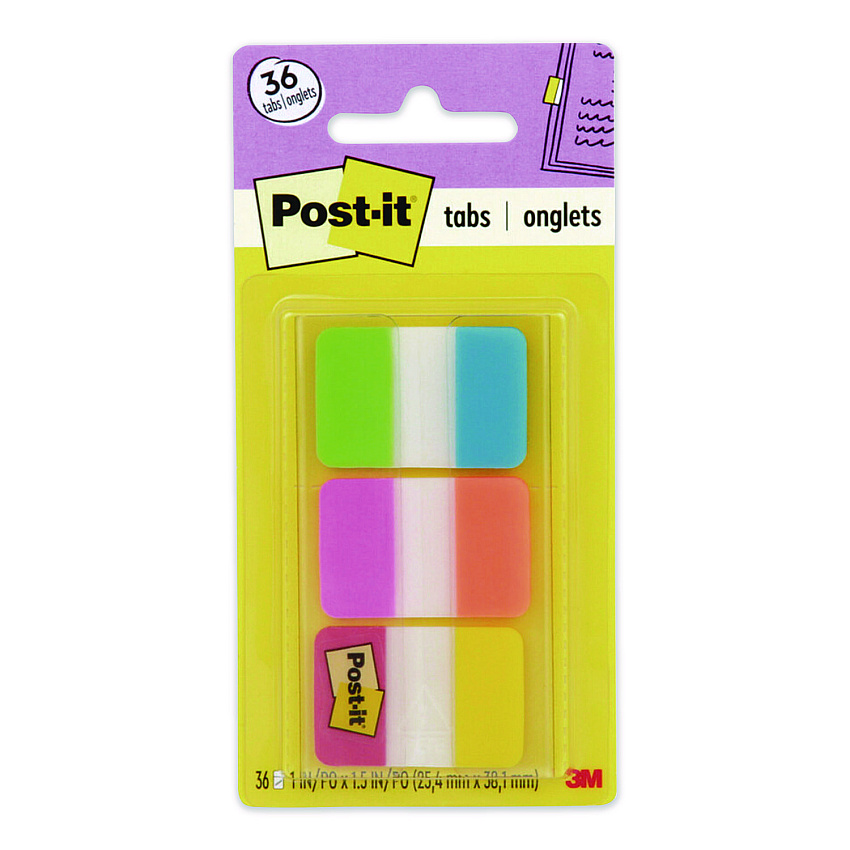 Post-it 1" Plain Solid Color Tabs, 1/5-Cut, Assorted Colors, 1" Wide, 36/Pack (70005179224)