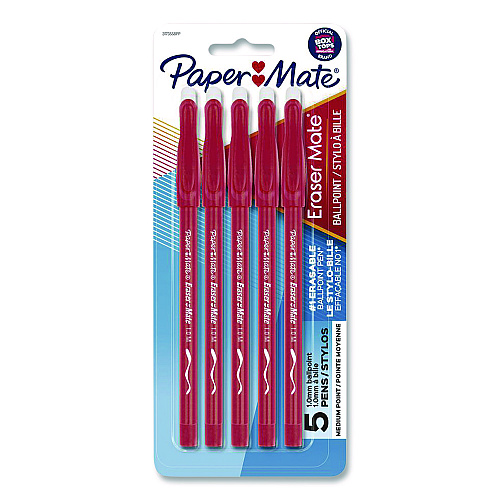Paper Mate Eraser Mate Ballpoint Pen, Stick, Medium 1 mm, Red Ink, Red Barrel, 5/Pack (31735)