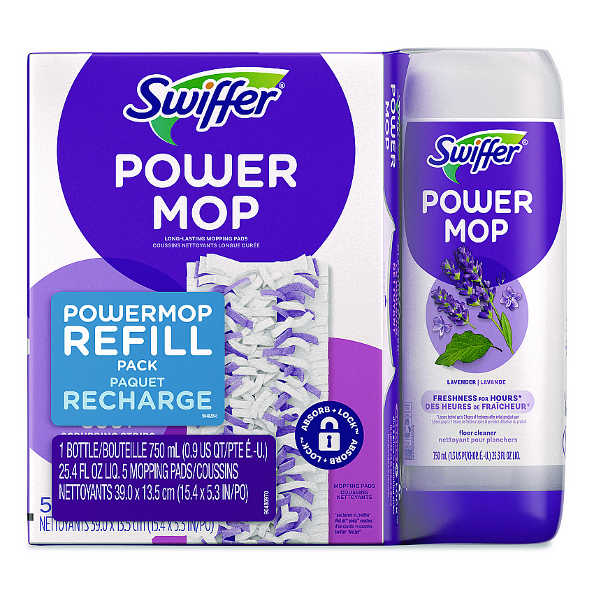 Swiffer PowerMop Cleaning Solution and Pads Refill Pack, Lavender, 25.3 oz Bottle and 5 Pads/Pack (09117EA)