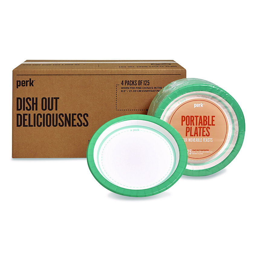 Perk Medium-Weight Paper Plates, 8.5" dia, White/Teal, 500/Carton (PK54329CT)