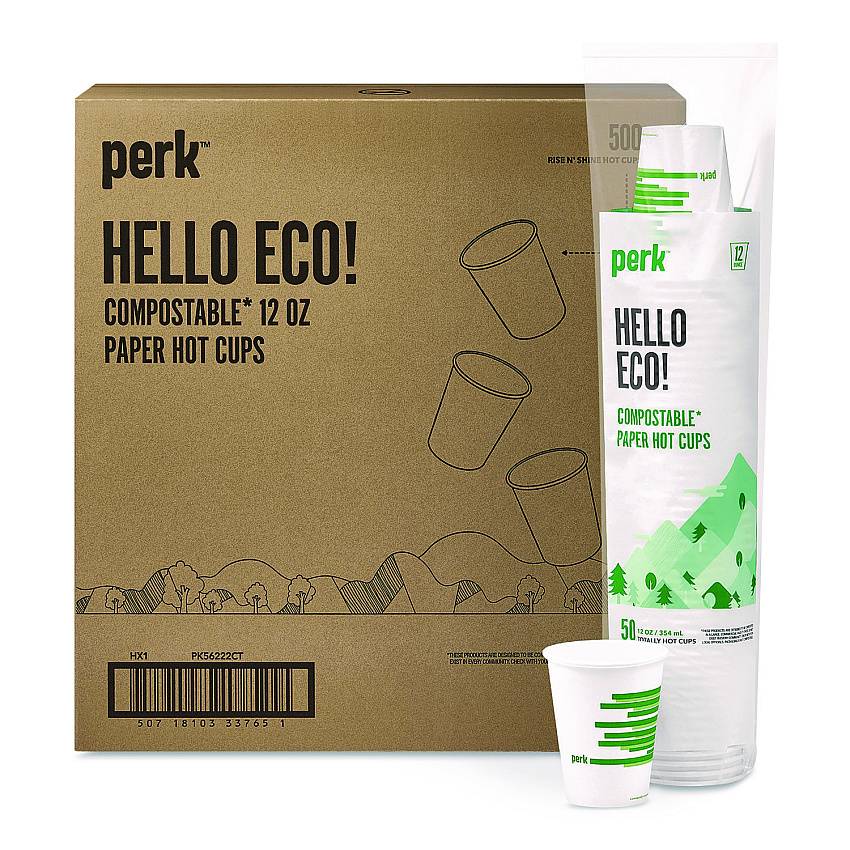 Perk Eco-ID Compostable Paper Hot Cups, 12 oz, White/Green, 500/Carton (PK56222CT)