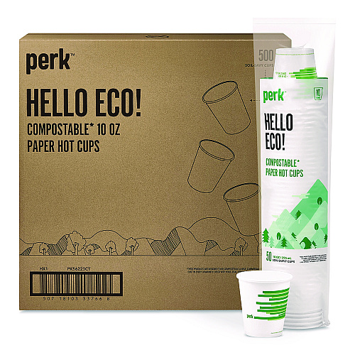 Perk Eco-ID Compostable Paper Hot Cups, 10 oz, White/Green, 500/Carton (PK56223CT)
