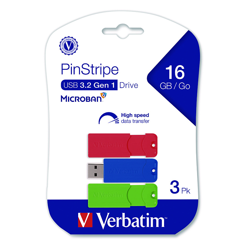 Verbatim PinStripe USB 3.2 Flash Drive, 16 GB, Blue/Green/Red, 3/Pack (70386)
