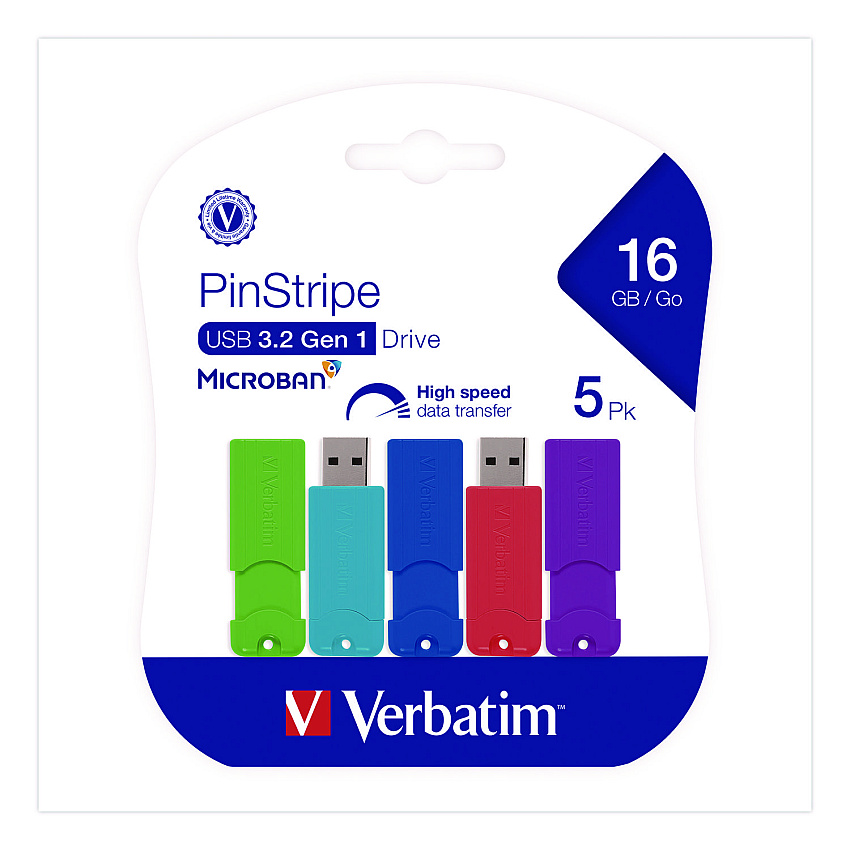 Verbatim PinStripe USB 3.0 Flash Drive, 16 GB, Assorted Colors, 5/Pack (70387)