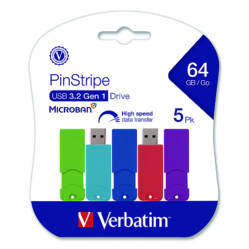 Verbatim PinStripe USB 3.2 Flash Drive, 64 GB, Assorted Colors, 5/Pack (70389)