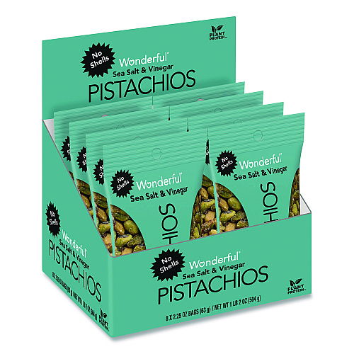 Paramount Farms Wonderful No Shells Pistachios, Sea Salt and Vinegar, 2.25 oz Bag, 8/Box (PAR70033)