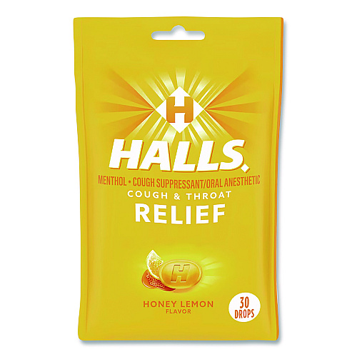 Halls Relief Menthol cough Suppressant - Oral Anesthetic, Honey Lemon, 30/Pack (621835306OWN)