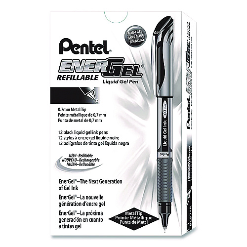 Pentel EnerGel Deluxe Gel Pen, Stick, Medium 0.7 mm, Black Ink, Silver/Black Barrel, Dozen (BL57ADZ)