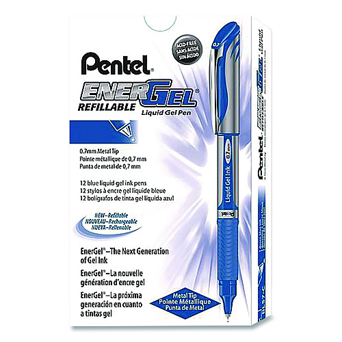 Pentel EnerGel Deluxe Gel Pen, Stick, Medium 0.7 mm, Blue Ink, Silver/Blue Barrel, Dozen (BL57CDZ)