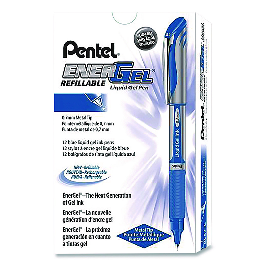 Pentel EnerGel Deluxe Gel Pen, Stick, Medium 0.7 mm, Blue Ink, Silver/Blue Barrel, Dozen (BL57CDZ)