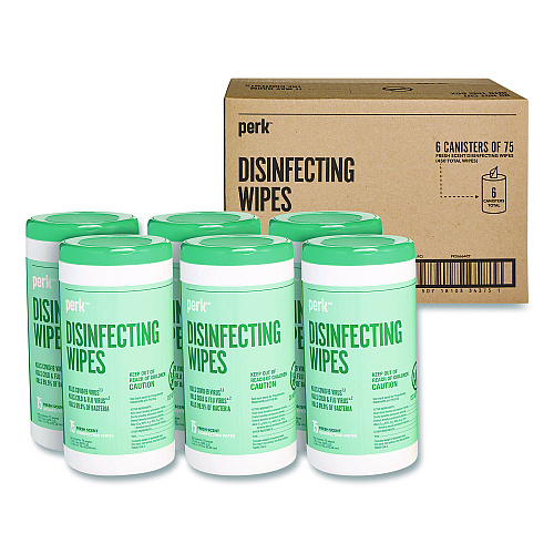 Perk Disinfecting Wipes, 7 x 8, Fresh, White, 75 Wipes/Canister, 6/Carton (PK56664CT)