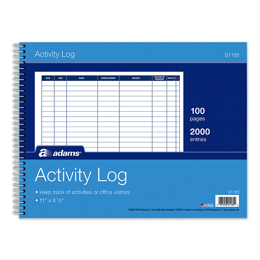 Adams Activity Logbook, 8 Columns, Blue/White Cover, 11 x 8.5 Sheets, 50 Sheets/Book (S1185ABF)