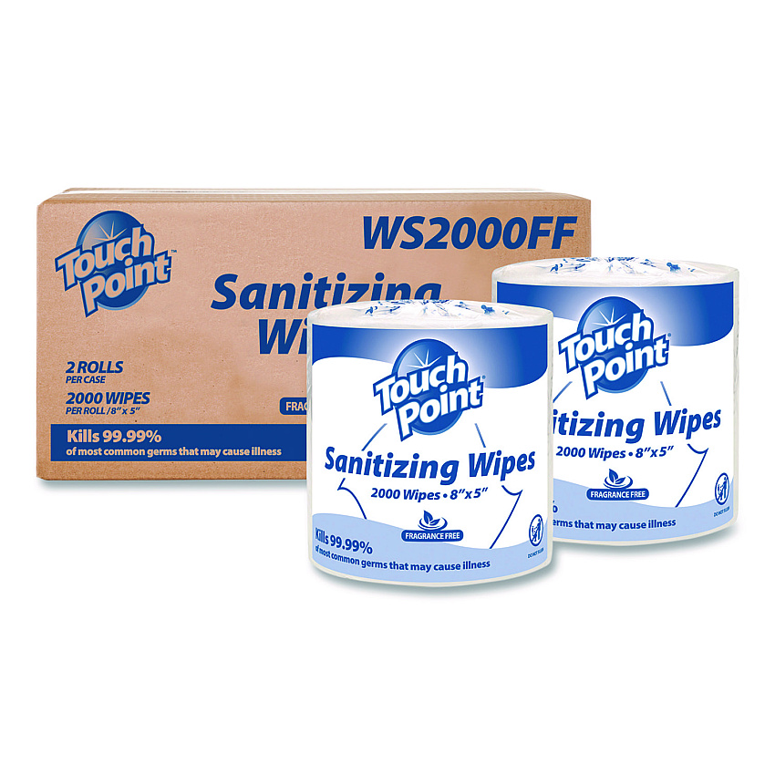 Touch Point Hand Sanitizing Wipes Refill, 5 x 8, Fragrance Free, White, 2,000 Wipes/Roll, 2 Rolls/Carton (WS2000FF)