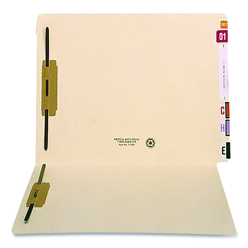 Medical Arts Press Heavy-Duty End Tab Fastener Folders, 0.75" Expansion, 2 Fasteners, Letter Size, Manila Exterior, 50/Box (31439)
