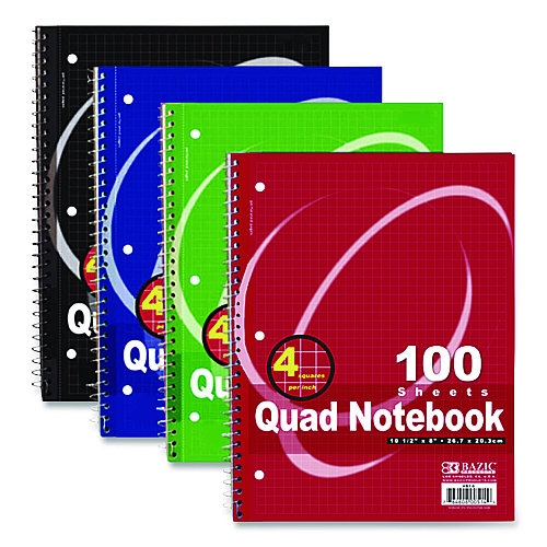 BAZIC Spiral Notebooks, 1-Subject, Quadrille Rule (4 sq/in), Randomly Assorted Cover Color, (100) 10.5 x 8 Sheets (514)