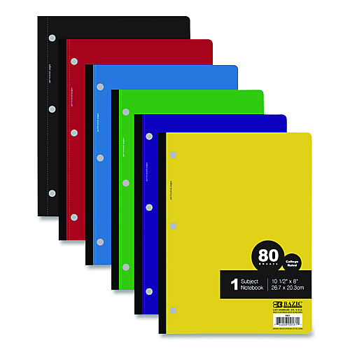 BAZIC Wireless Notebooks, 1-Subject, Medium/College Rule, Randomly Assorted Cover Color, (80) 10.5 x 7.5 Sheets (581)