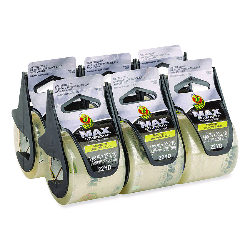 Duck MAX Packaging Tape with Dispenser, 1.5" Core, 1.88" x 22 yds, Crystal Clear, 6/Box (284983)