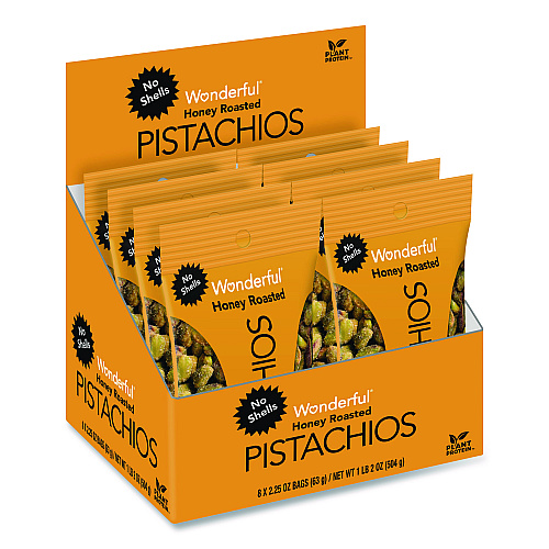 Wonderful No Shells Honey Roasted Pistachios, 2.25 oz Bags, 8/Box (PAR91086)