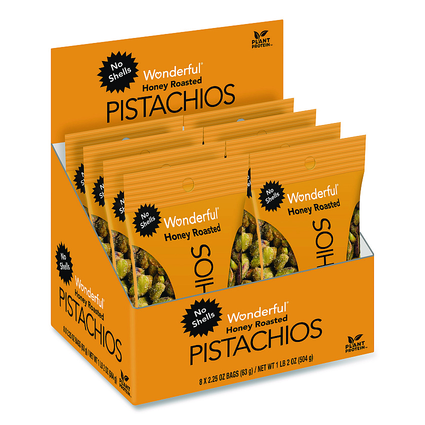 Wonderful No Shells Honey Roasted Pistachios, 2.25 oz Bags, 8/Box (PAR91086)