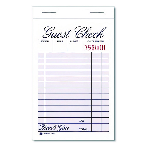 Adams One-Part Guest Check Pad, One-Part (No Copies), 3.35 x 4.94, 100 Forms/Pad, 12 Pads/Pack (210012)
