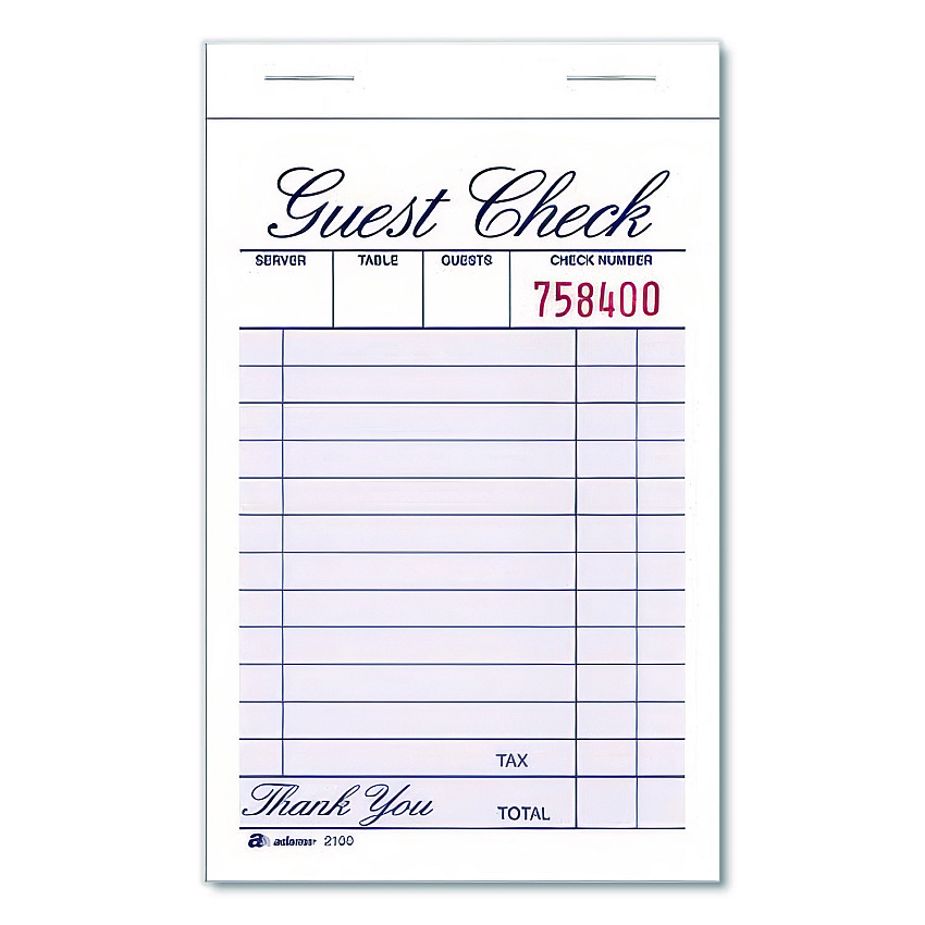 Adams One-Part Guest Check Pad, One-Part (No Copies), 3.35 x 4.94, 100 Forms/Pad, 12 Pads/Pack (210012)