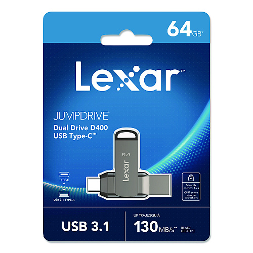 Lexar JumpDrive D400 USB 3.1 Flash Drive, 64 GB, Titanium (LJDD40064GB)