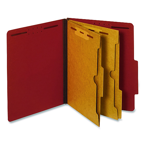 Pendaflex Pressboard Classification Folders, 2.5" Expansion, 2 Full-Pocket Dividers, 6 Fasteners, Letter Size, Red Exterior, 10/Box (24079)