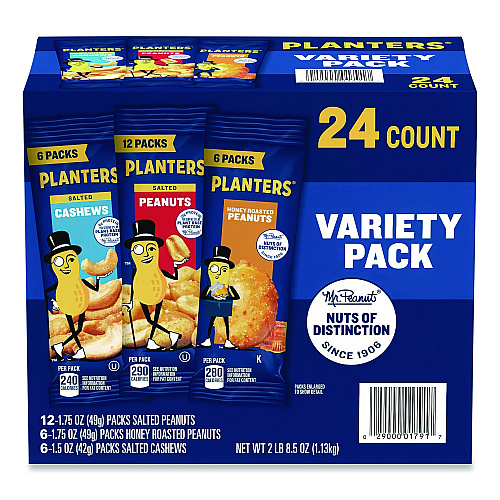 Planters Salted Nuts Variety Pack, Assorted Flavors, 1.5 oz/1.75 oz Packs, 24/Carton (884624)