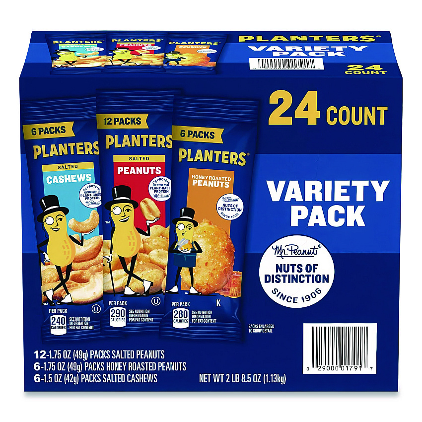 Planters Salted Nuts Variety Pack, Assorted Flavors, 1.5 oz/1.75 oz Packs, 24/Carton (884624)