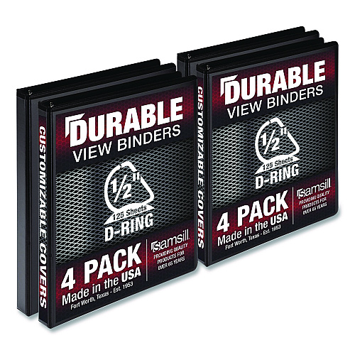 Samsill Durable D-Ring View Binders, 3 Rings, 0.5" Capacity, 11.5" x 8.5", Black, 4/Pack (MP46410)