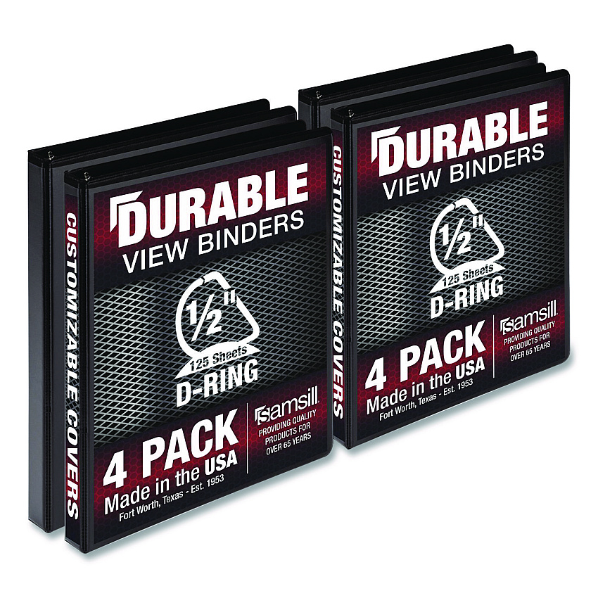 Samsill Durable D-Ring View Binders, 3 Rings, 0.5" Capacity, 11.5" x 8.5", Black, 4/Pack (MP46410)