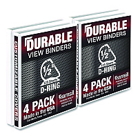 Samsill Durable D-Ring View Binders, 3 Rings, 0.5" Capacity, 11.5" x 8.5", White, 4/Pack (MP46417)