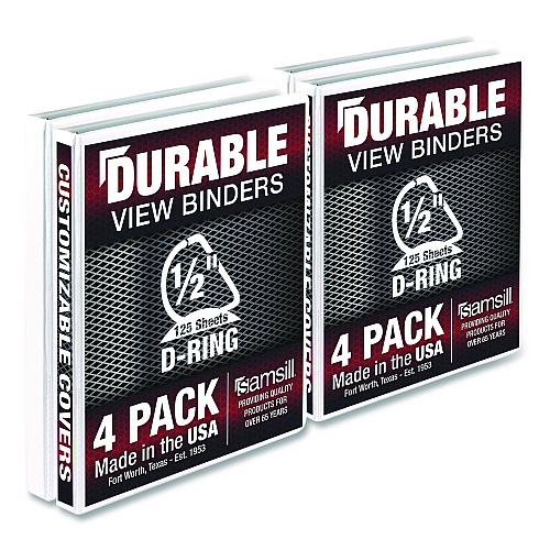 Samsill Durable D-Ring View Binders, 3 Rings, 0.5" Capacity, 11.5" x 8.5", White, 4/Pack (MP46417)